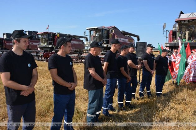 На поле у деревни Мирное КСУП «Малятичи-АГРО» чествовали лидеров жатвы
