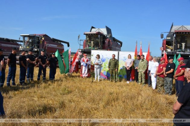 На поле у деревни Мирное КСУП «Малятичи-АГРО» чествовали лидеров жатвы
