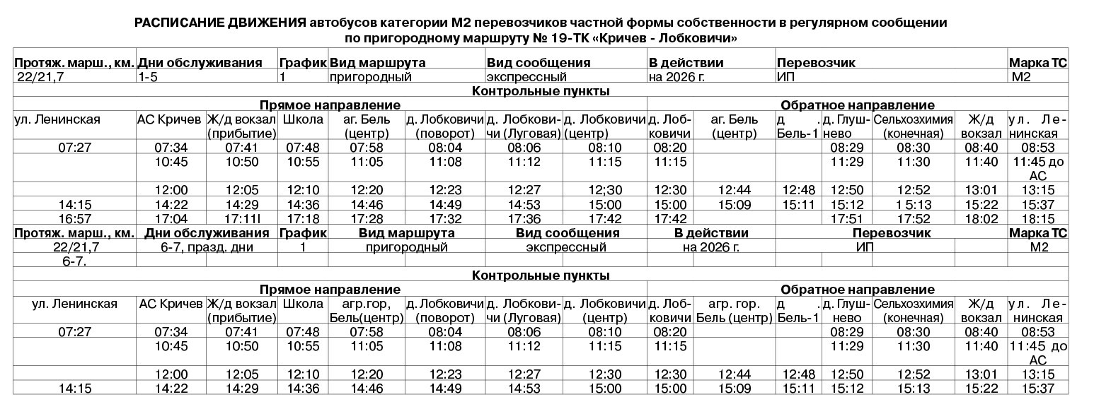 Актуальное расписание маршрутки №19 «Кричев — Лобковичи»